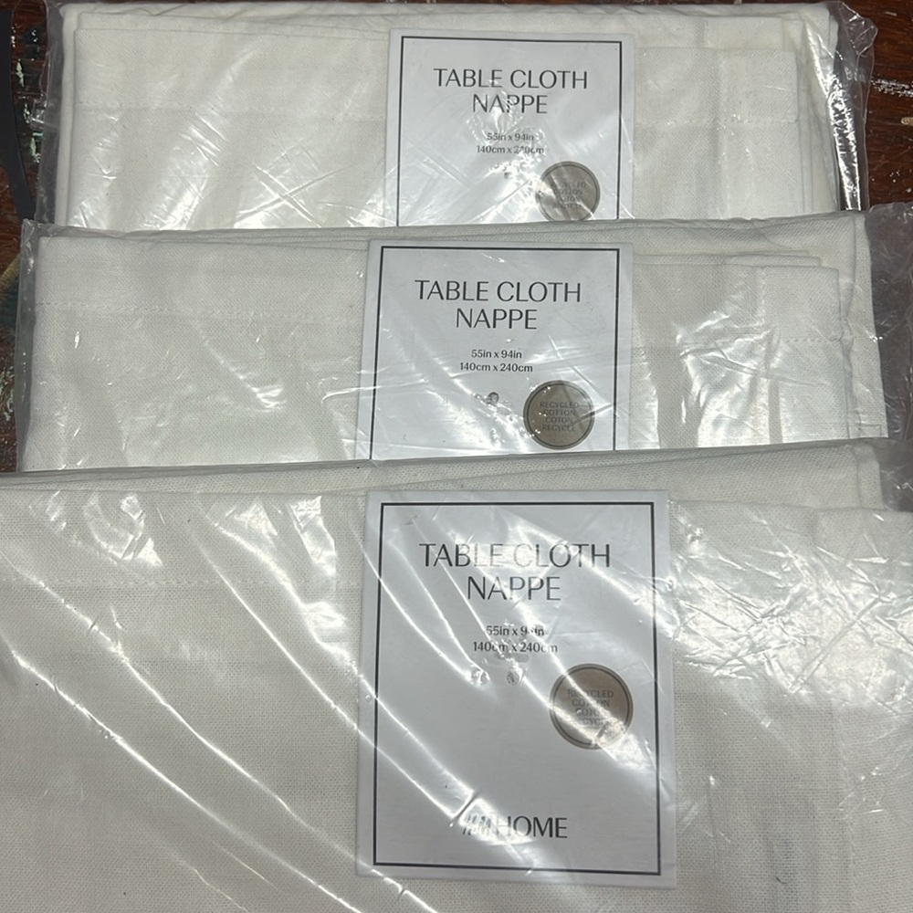 3 55 x 94“ recycled cotton tablecloths in natural muslin color